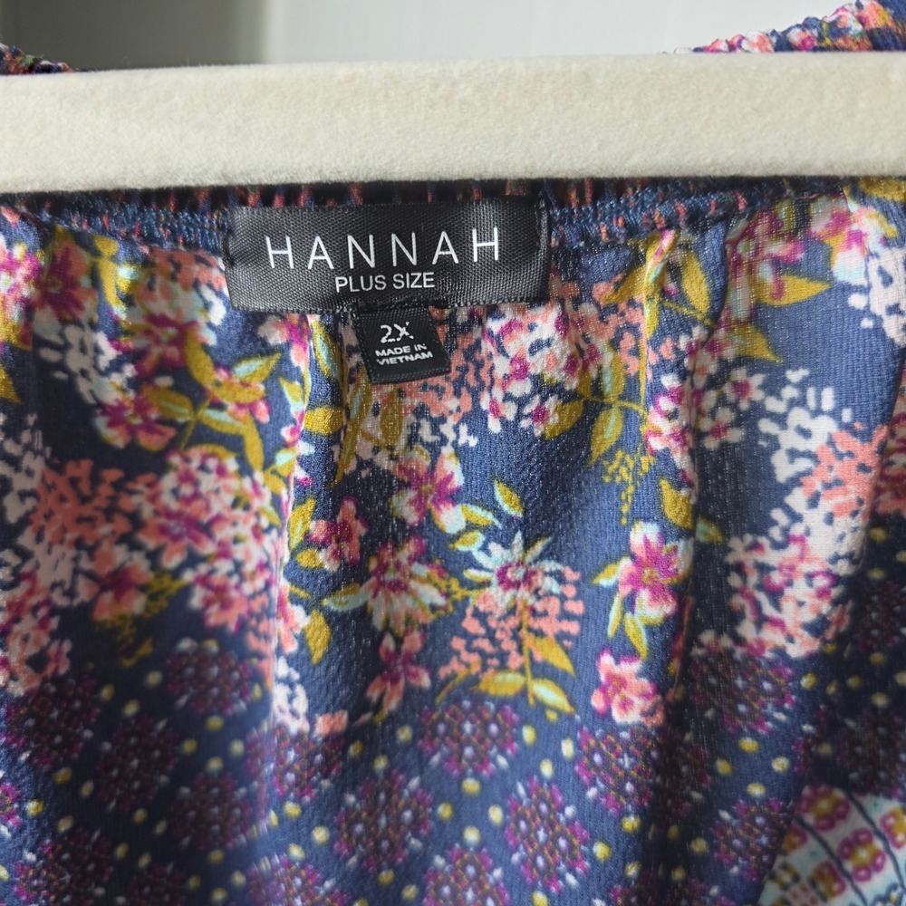 Hannah Plus Size Patchwork Floral Blouse 2X Blue Pink Boho Tie Sleeve Top - Picture 4 of 10